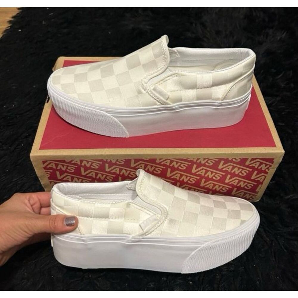 VANS checkerboard cream satin platform slip on shoes sneakers women's 9 new - Picture 7 of 7